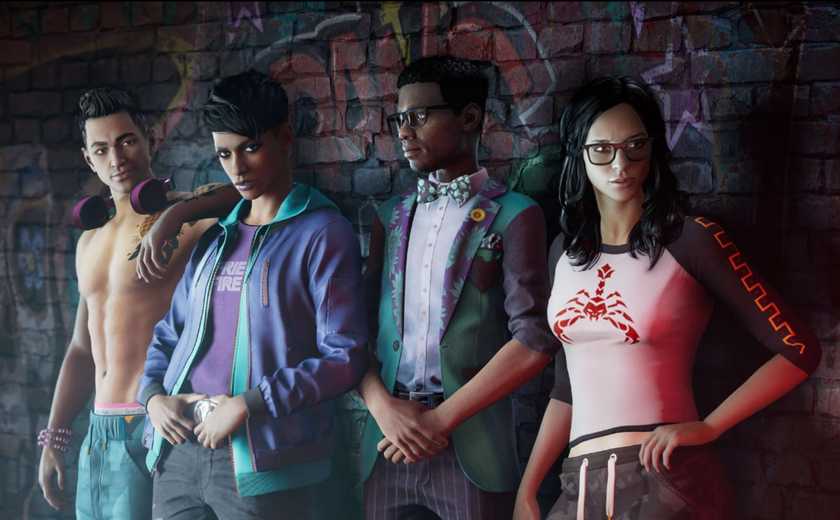 characters from saints row leaning against a wall.