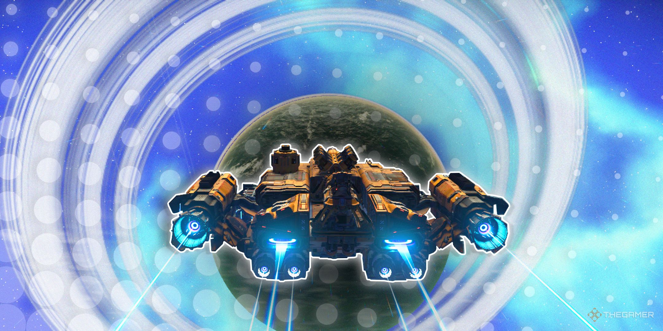 TG No Man's Sky Corvette Ship flying towards ringed planet.