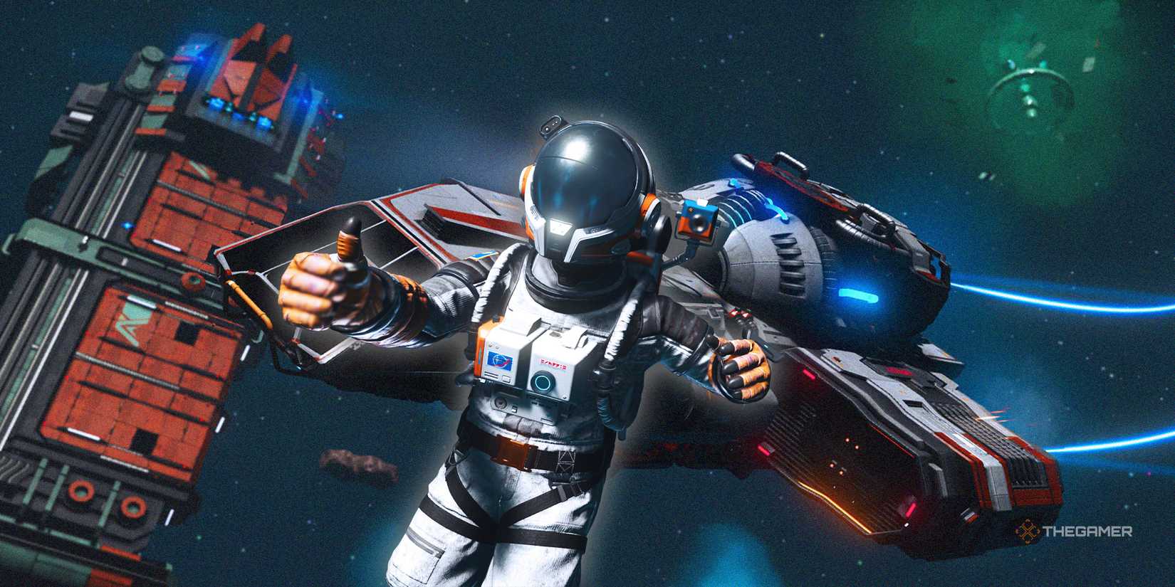TG No Man's Sky Voyagers Update Astronaut In New Skyborn Suit Giving Thumbs Up In Space By New Corvette Ship.